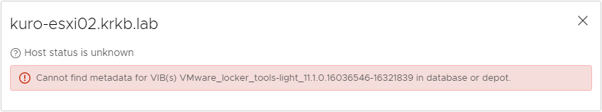 Cannot find metadata for VIB(s) VMware\\_locker\\_tools-light_11.1.0.16036546-16321839 in database or depot.